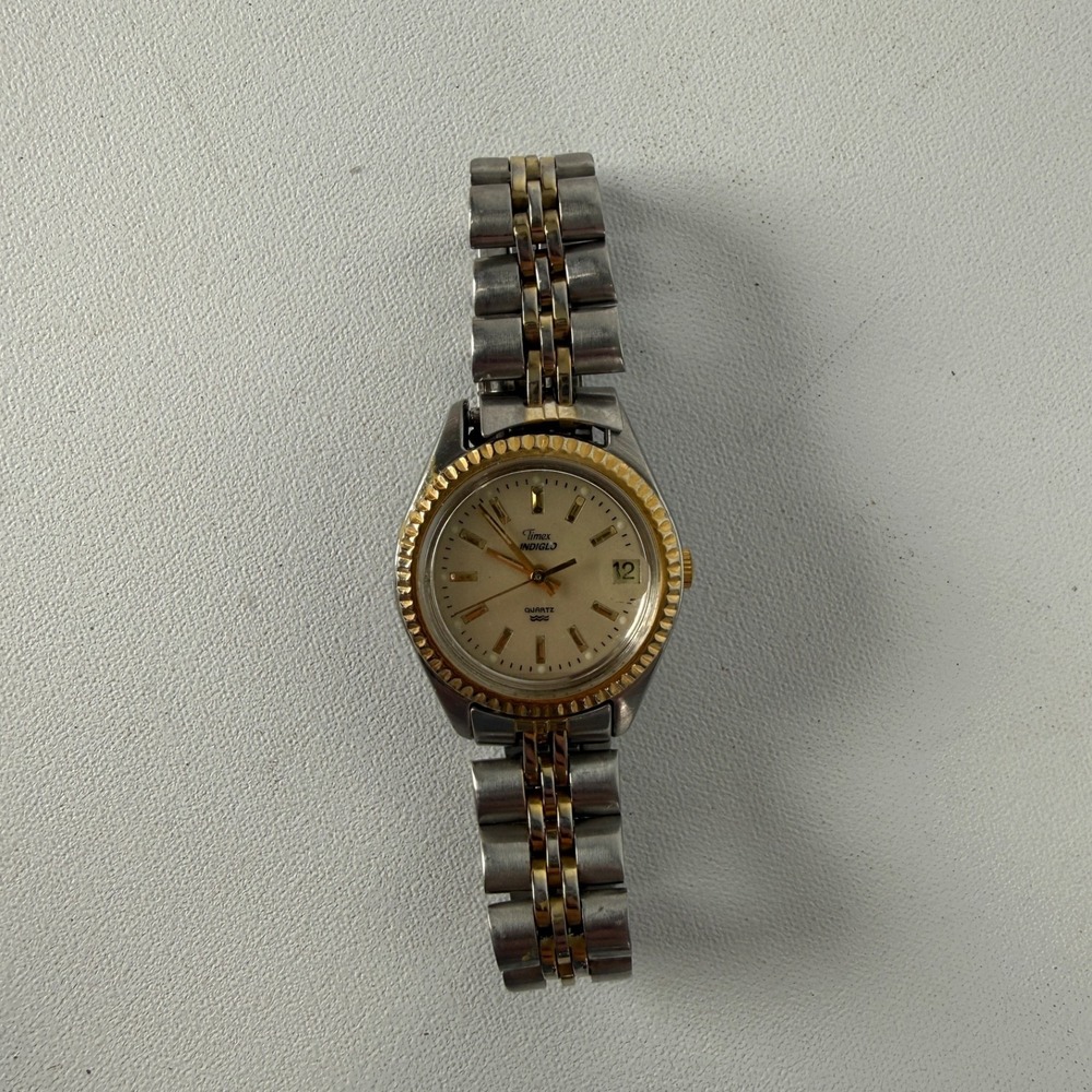 Vintage Timex President Indiglo Womens Watch Gold & Silver Clamshell READ